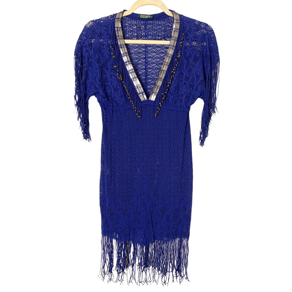 Despi Small Blue Knit Bead Embellished Fringe Top Swim Cover Up Beach Resortwear